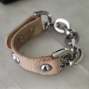 Fossil Tan Faux Leather Cuff Bracelet With Silver Tone Chains